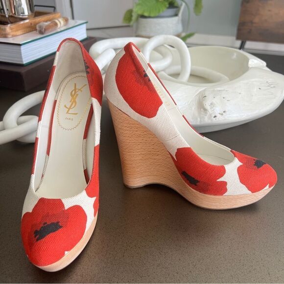 YSL Red Floral Canvas Wedge Heels - Size 40 - Picture 9 of 10